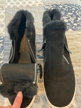 Madden Girl Black Faux Fur Zip-Trim Slip-On Mules